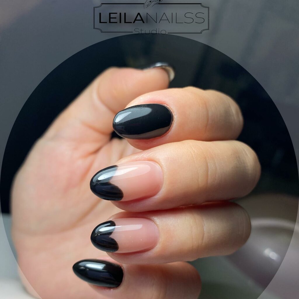 Romantic French Black Heart Almond Nails

