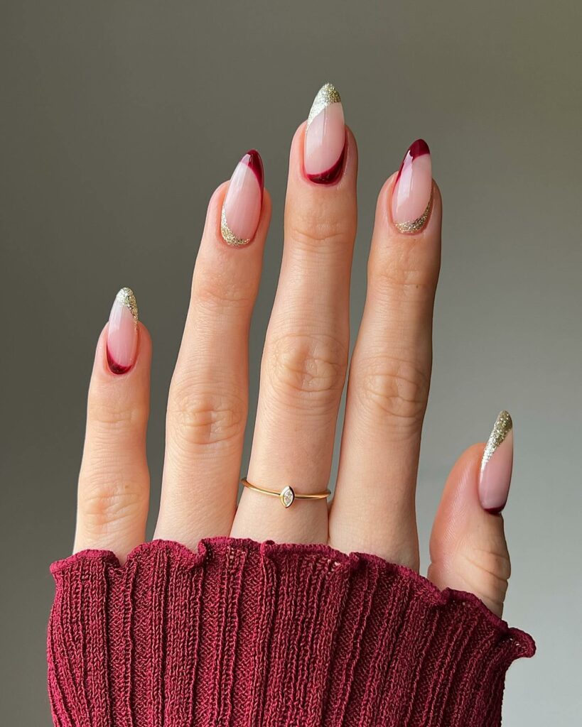 French Manicure with a Burgundy and Gold Twist