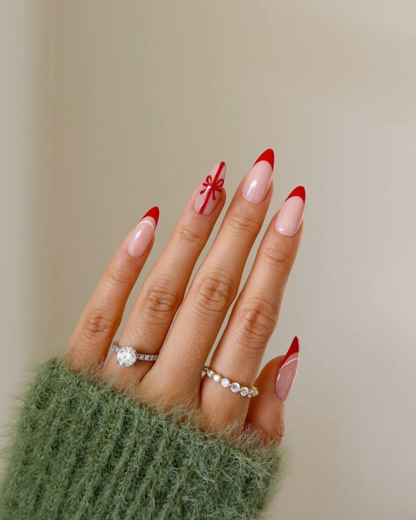 Elegant French-Tipped Red Christmas Nails