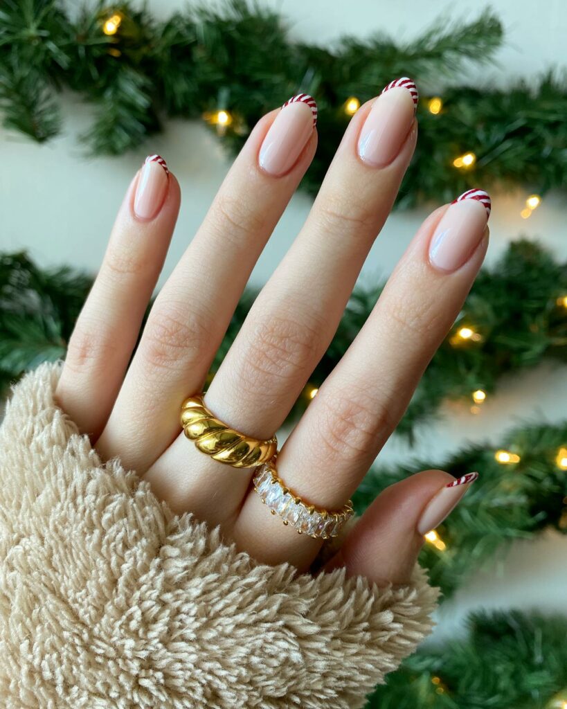 Refined Candy Cane Stripes on French Manicure
