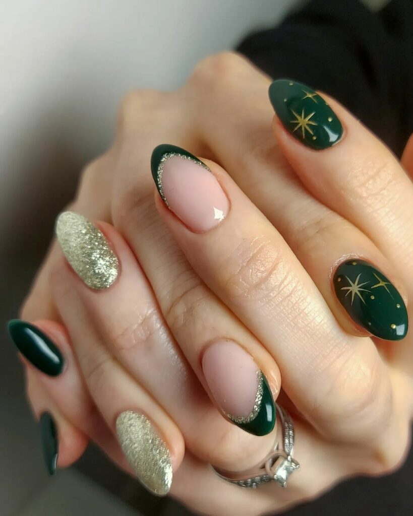 Perfect Fusion of Emerald Green and Gold on Nails