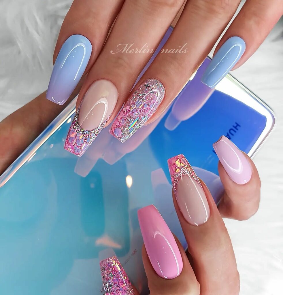 Playful Glitter Pink and Ocean Blue Coffin Nails