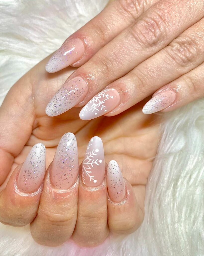 White Almond Nails with Glitter