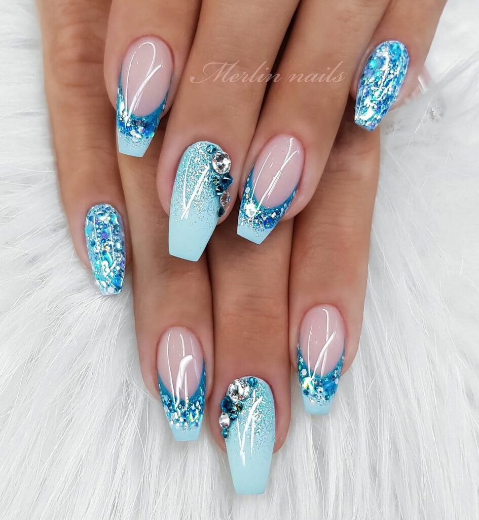 Glittery Blue Cinderella-Inspired Nails