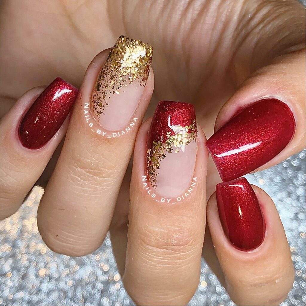 Glossy Square Burgundy Nails with Gold Foils