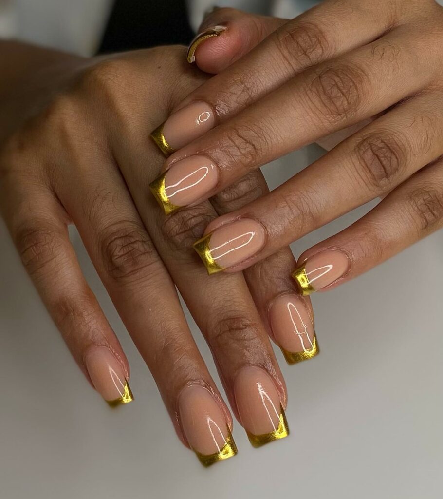 Glossy Square Gold French Nails