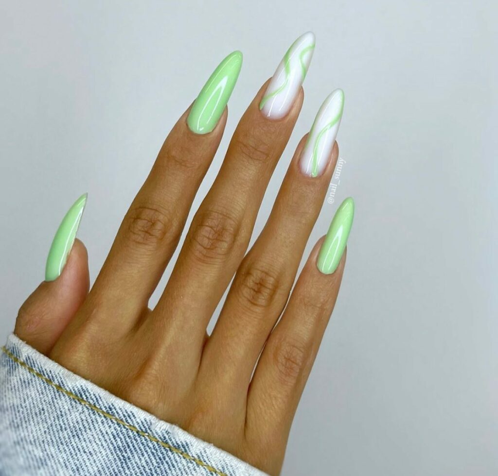 Sleek Combination of Glossy and Nude Mint Green Nails

