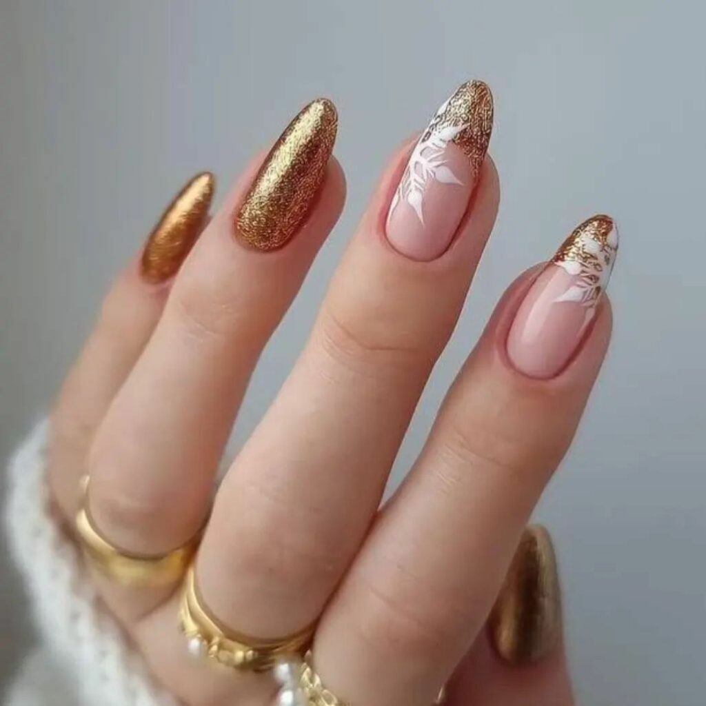 Gold French Nails with Snowflakes