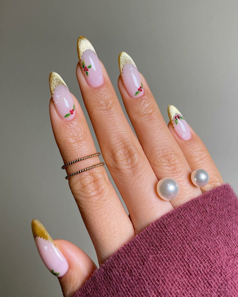 Gilded Gold French Velvet Nails with Florals