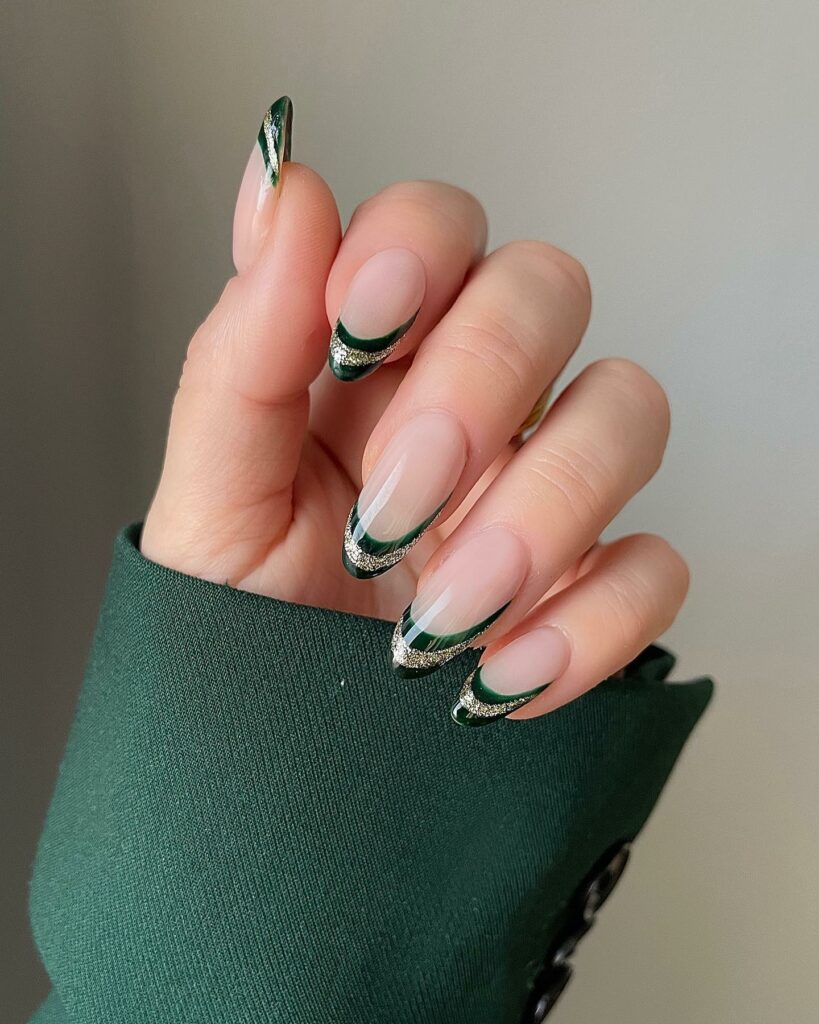Gold Accented Green Tips Christmas Nails
