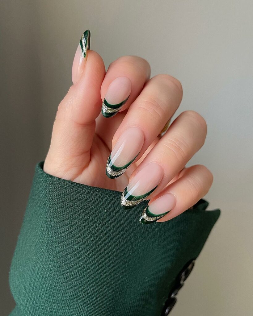 Gold Accented Green Tips Christmas Nails