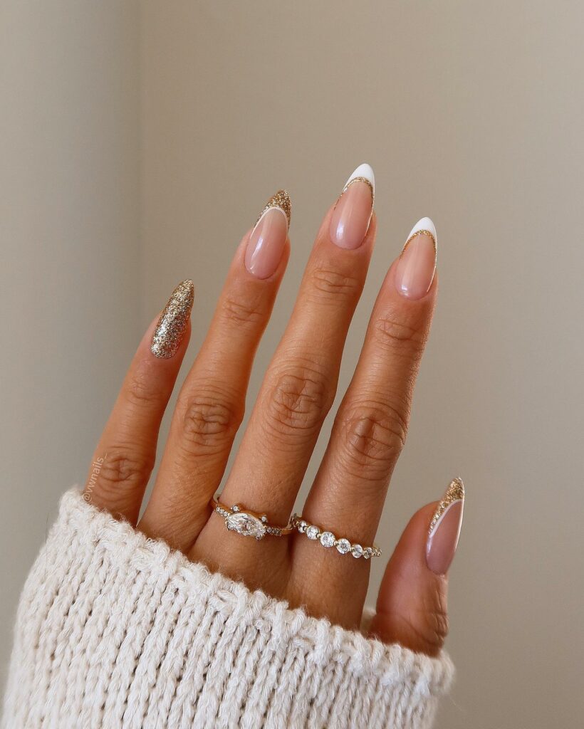 White Almond Nails with Golden Festive Touches
