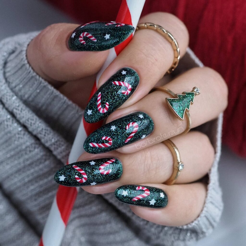Red Candy Canes on Green Glitter Christmas Nails