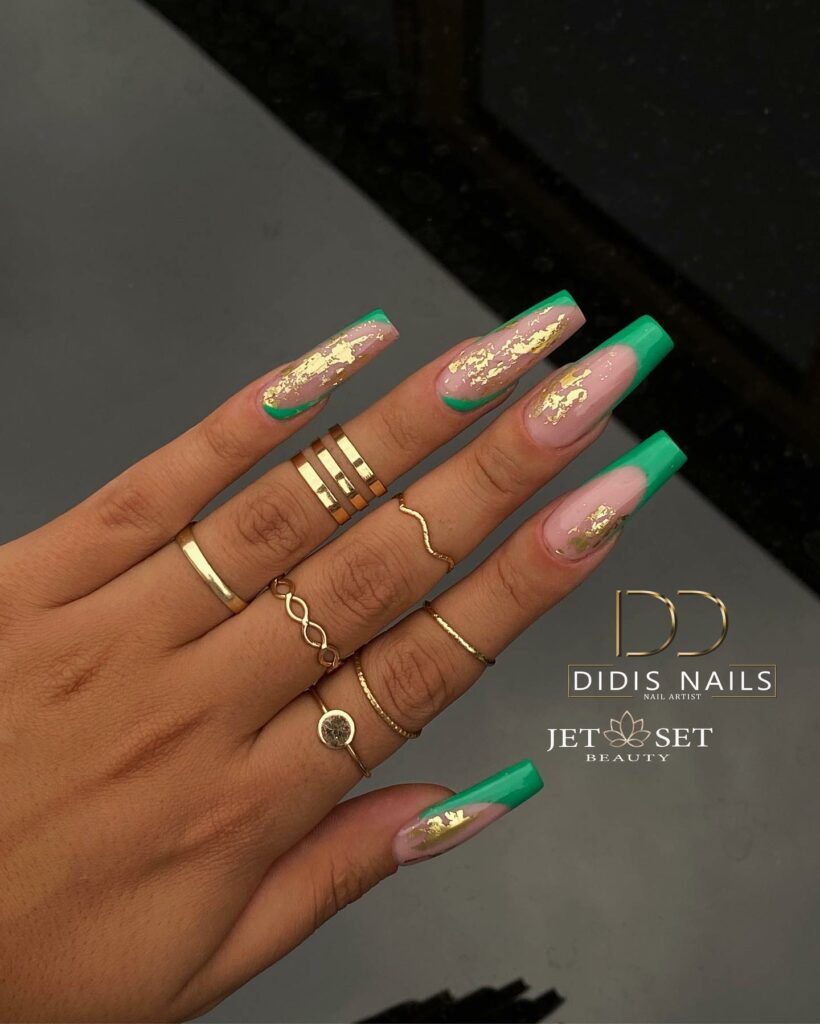 Green French Coffin Nails Adorned with Gold Foil