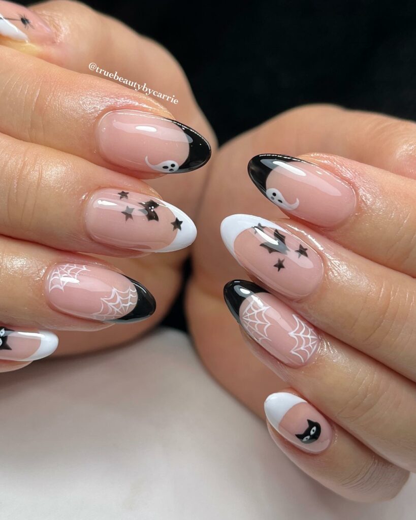 Halloween-Themed Black and White Nails