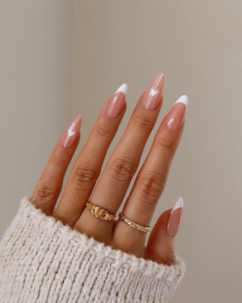 Heart Accents on White Almond Nails