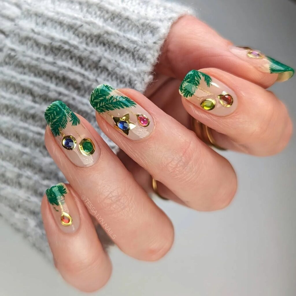 Jewel-Encrusted Christmas Tree Nails