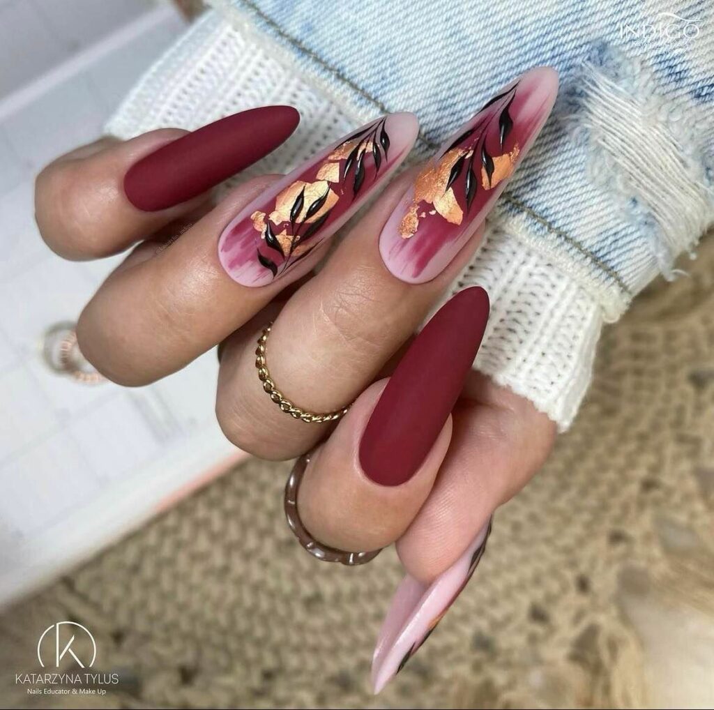 Long Stiletto Nails with Burgundy and Gold Foil