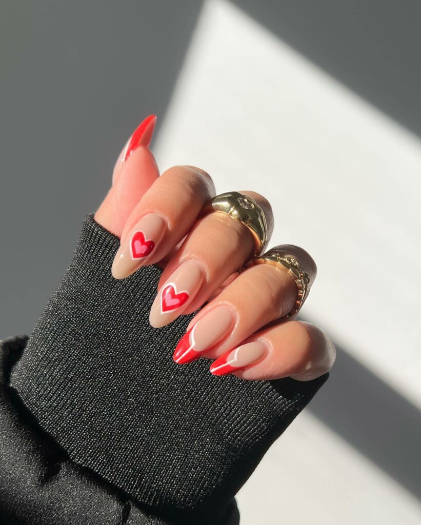 Red French Almond Nails With Heart