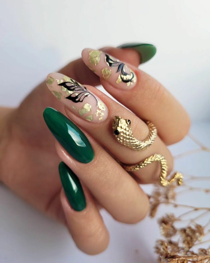 Lush Greenery Meets Gilded Luxe on Nails