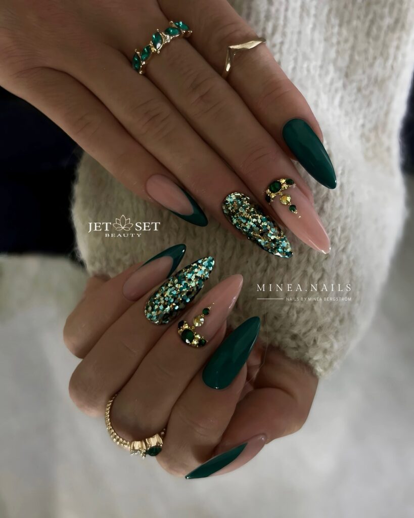 Luxurious Emerald and Gold Nails