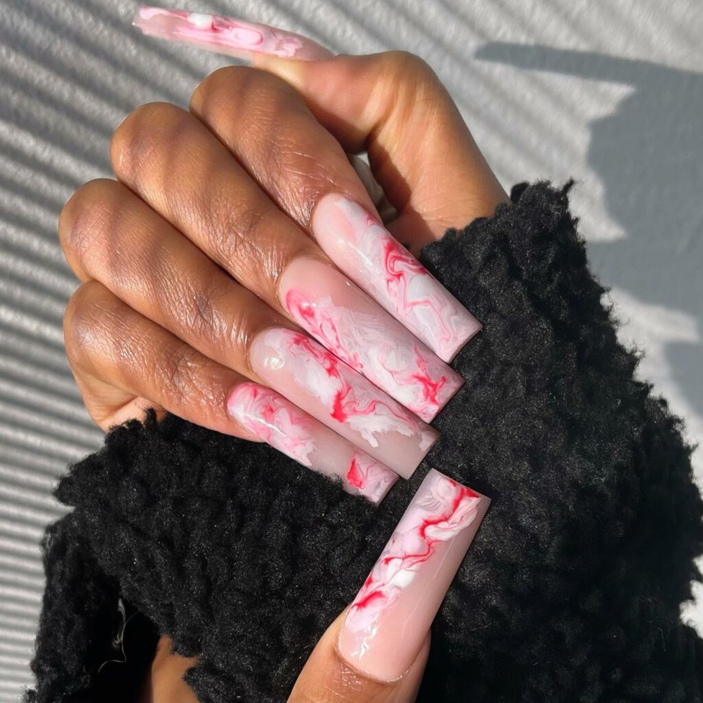 Marble Acrylic Red and Pink Nails