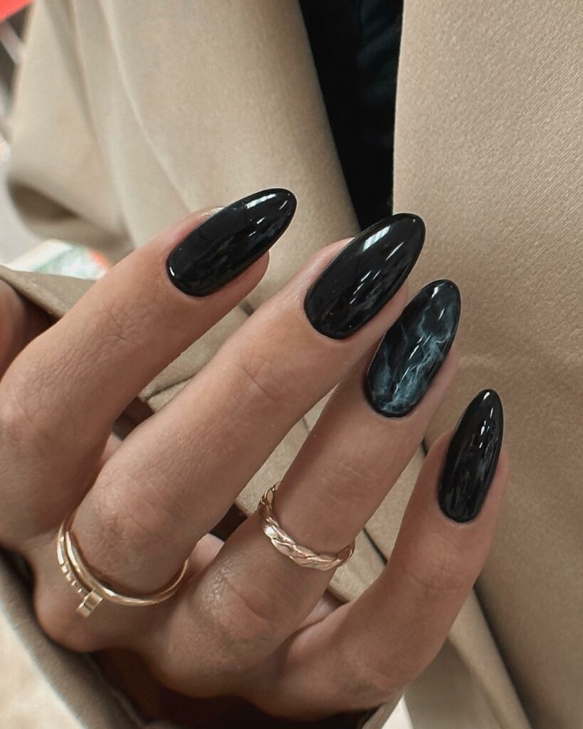 Marbled Elegance Black Almond Shaped Nails