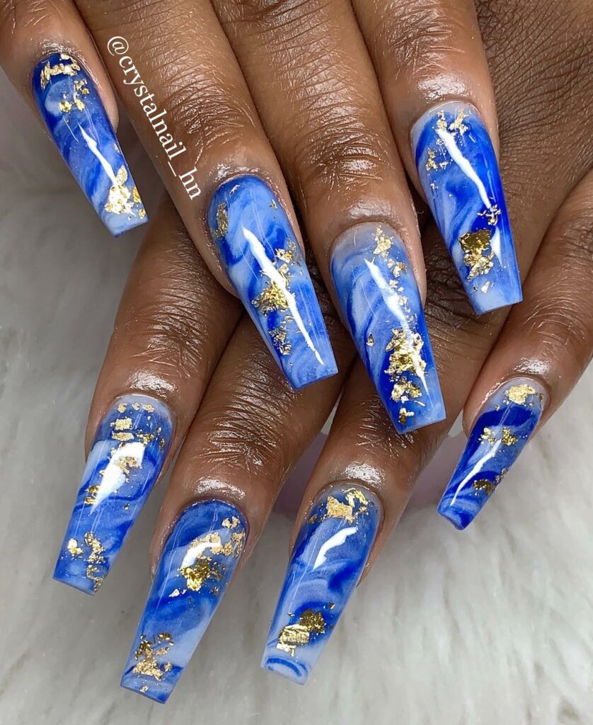 Swirling Marble Effect on Blue Coffin Nails