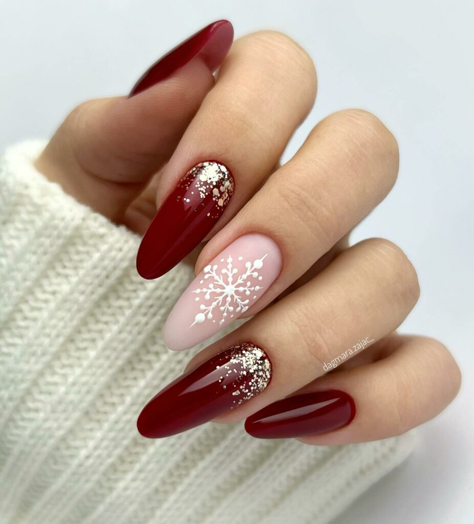 Burgundy Nails with Gilded Snowflakes