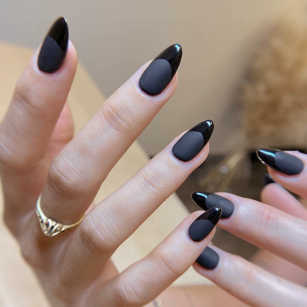 Matte French Black Almond Nails