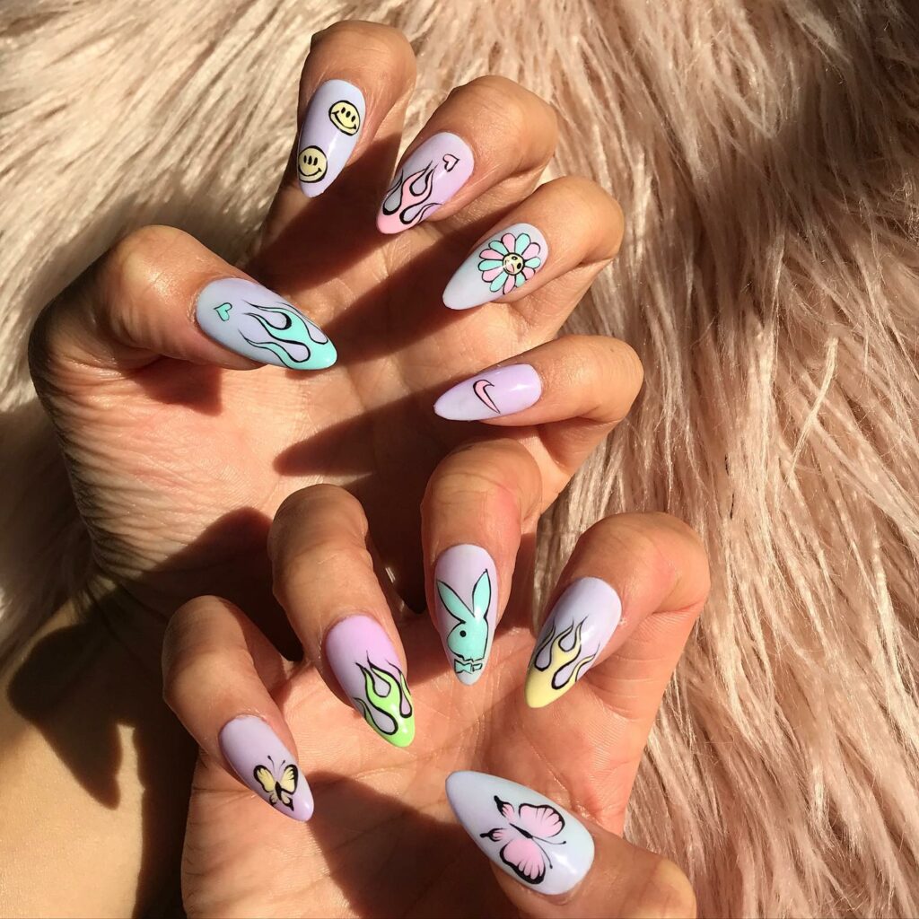 Matte Playboy Nails with Butterflies and Blooms