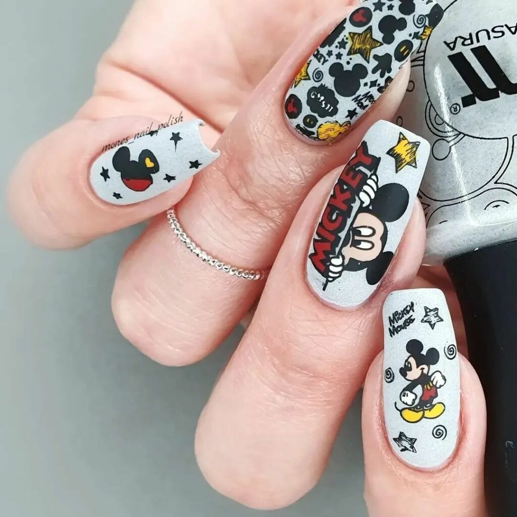 Mickey Mouse on Crisp White Nails