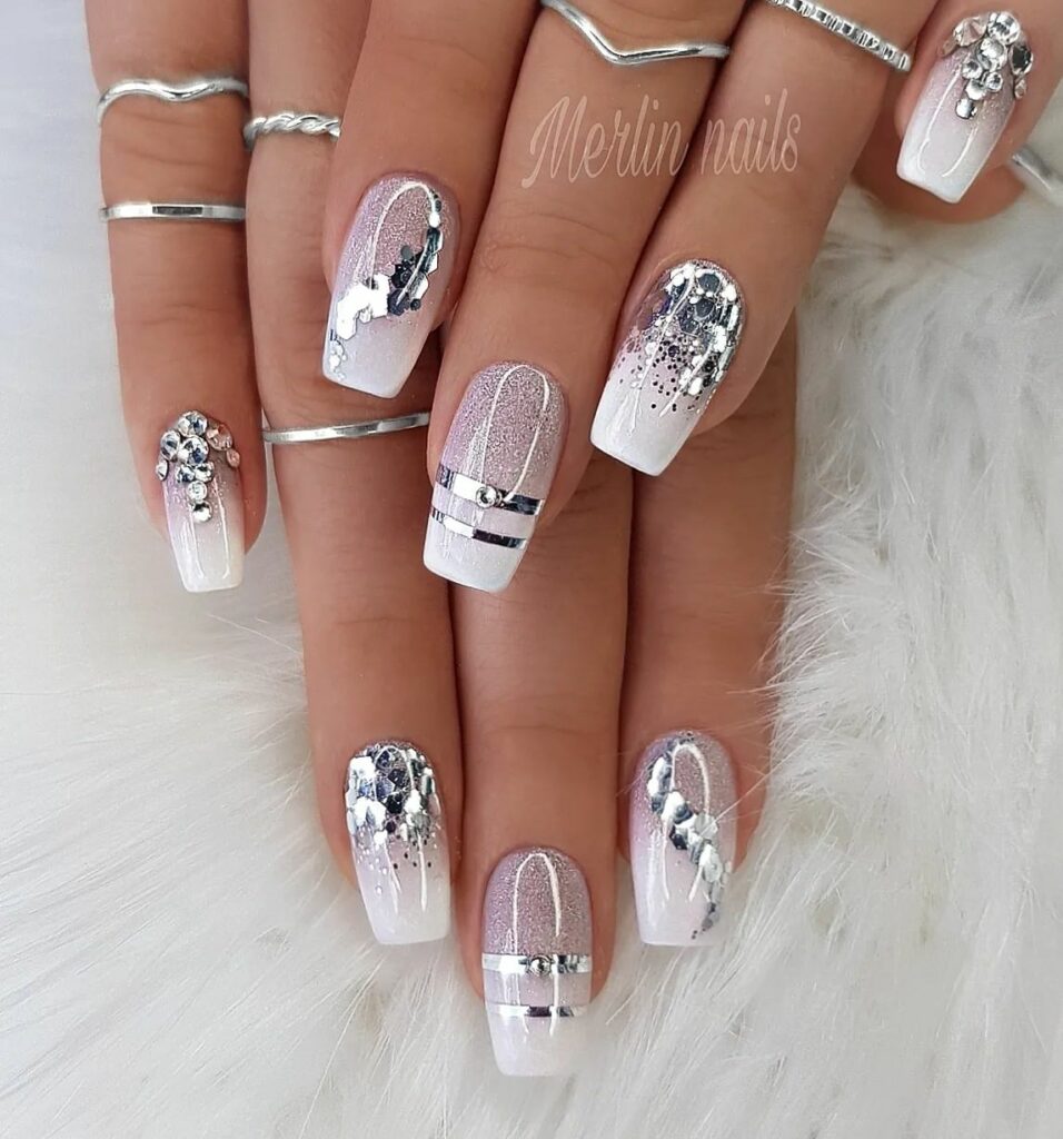 Milky White and Silver Nails