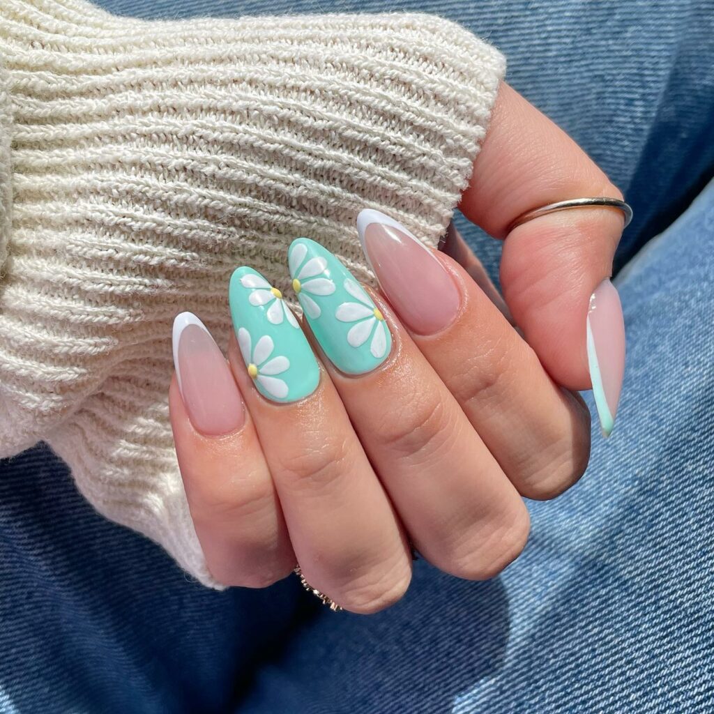 Botanical Mint Green Nails with Florals
