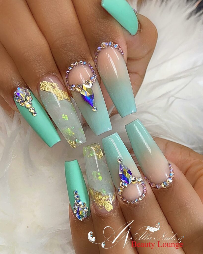 Dazzling Mint Green Nails with Rhinestones
