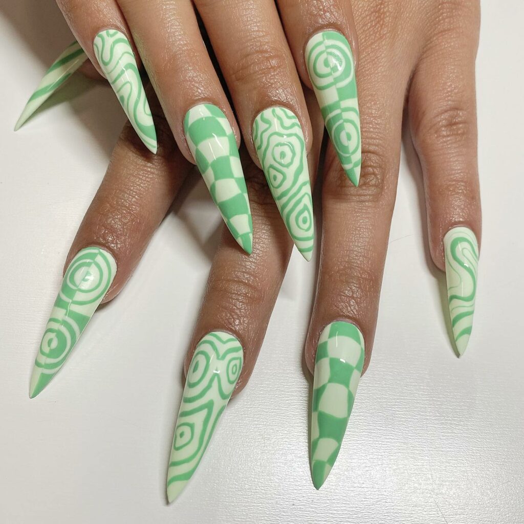 Dynamic Mint Green Nails with Swirls and Stripes
