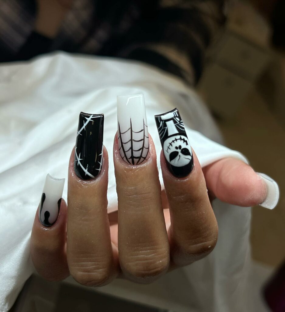 Monochrome Nightmare Before Christmas Nails