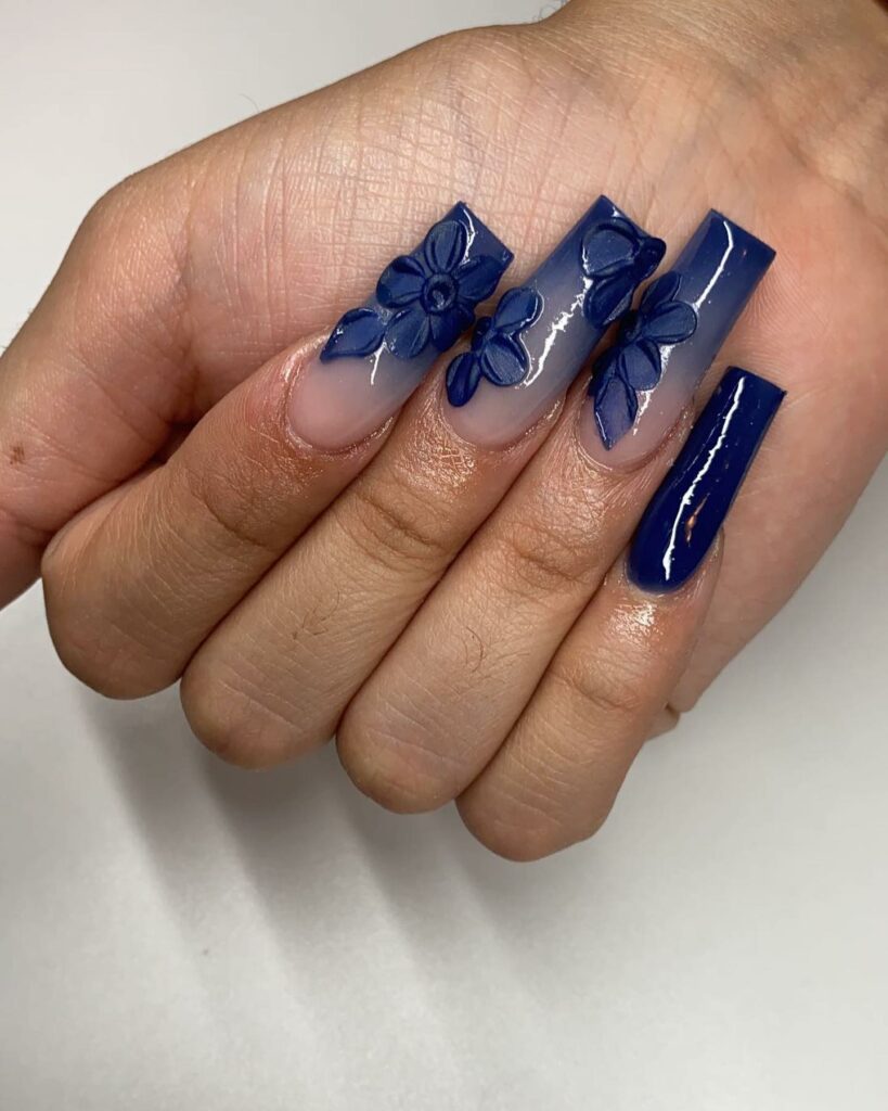 Navy Blue Coffin Nails with 3D florals