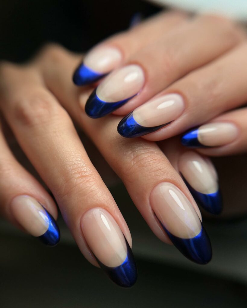 Understated Nude Almond Blue Chrome Nails