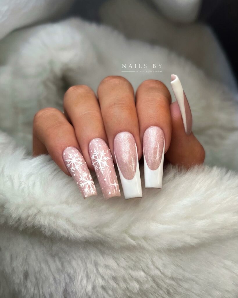 Nude and French White Christmas Coffin Nails