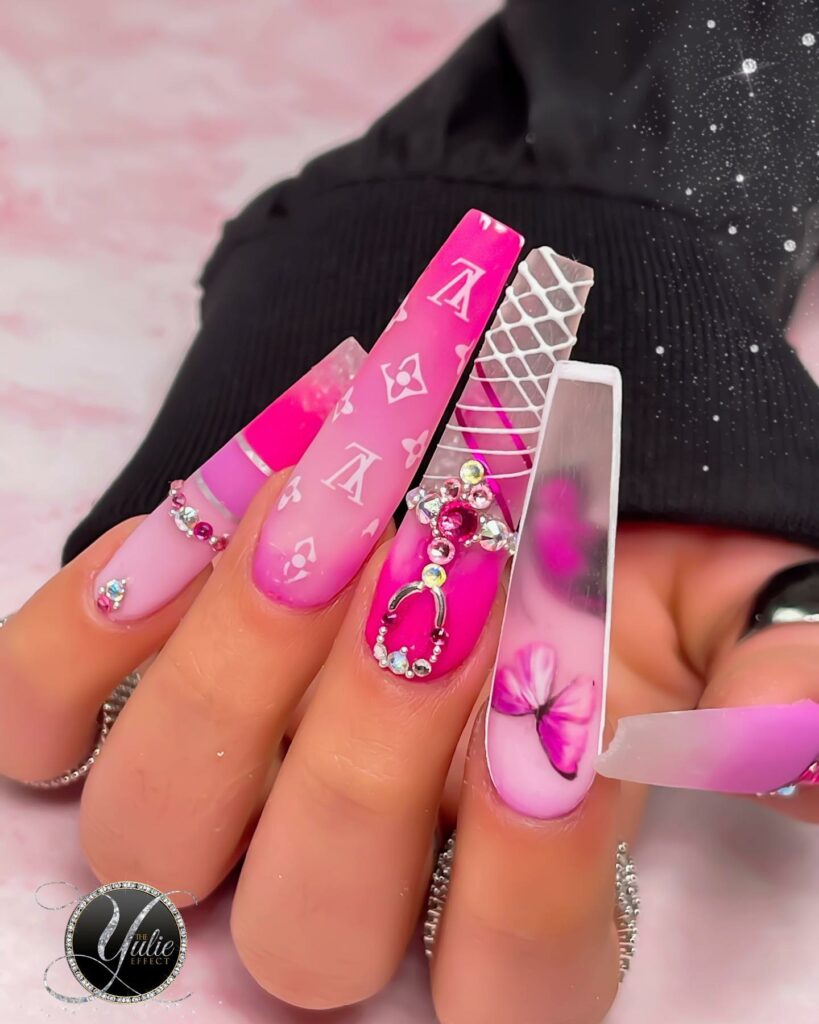 Pink Acrylic Ombré Nails with Louis Vuitton Flair
