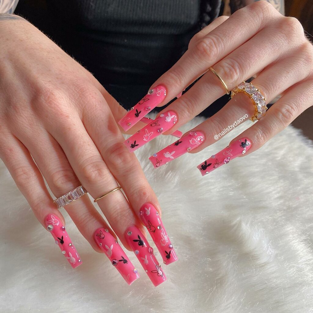 Pink Coffin Playboy Nails with Gems Accents