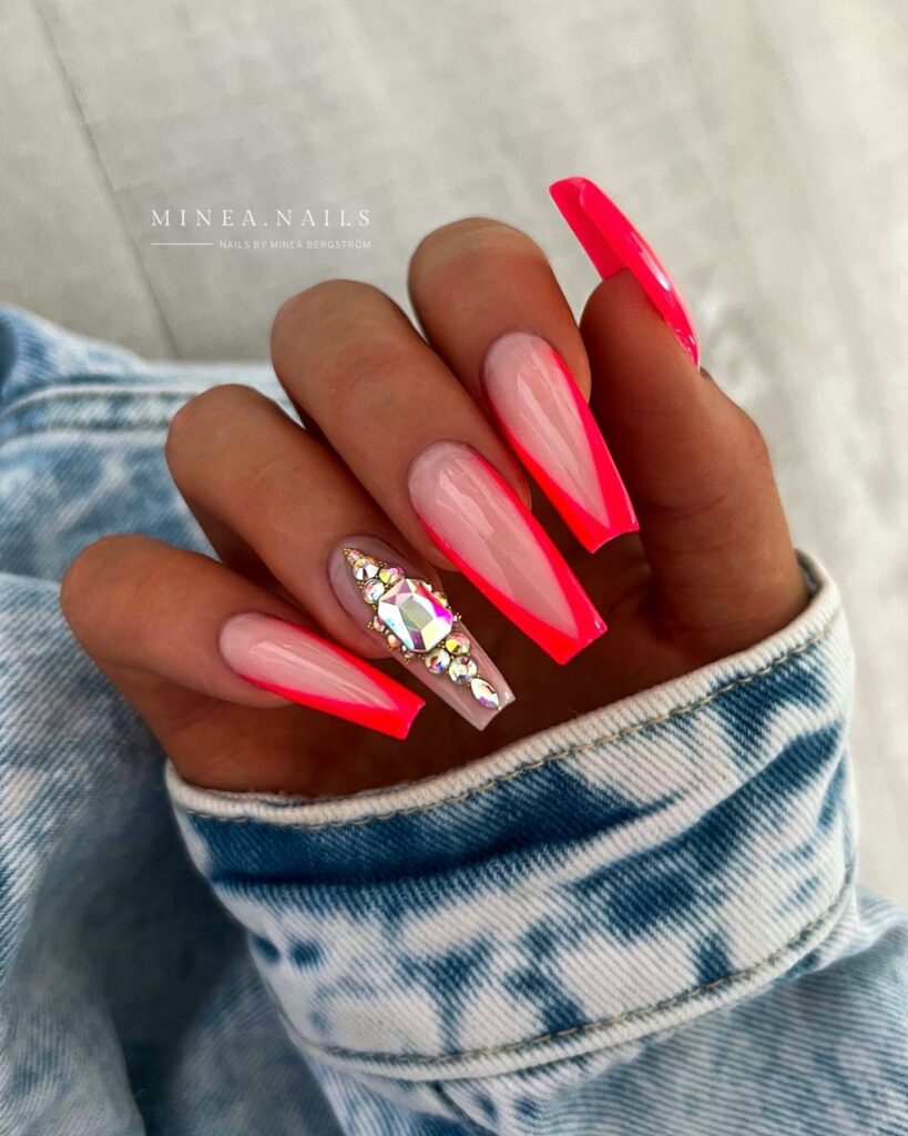 Pink V French Long Nails with Gems