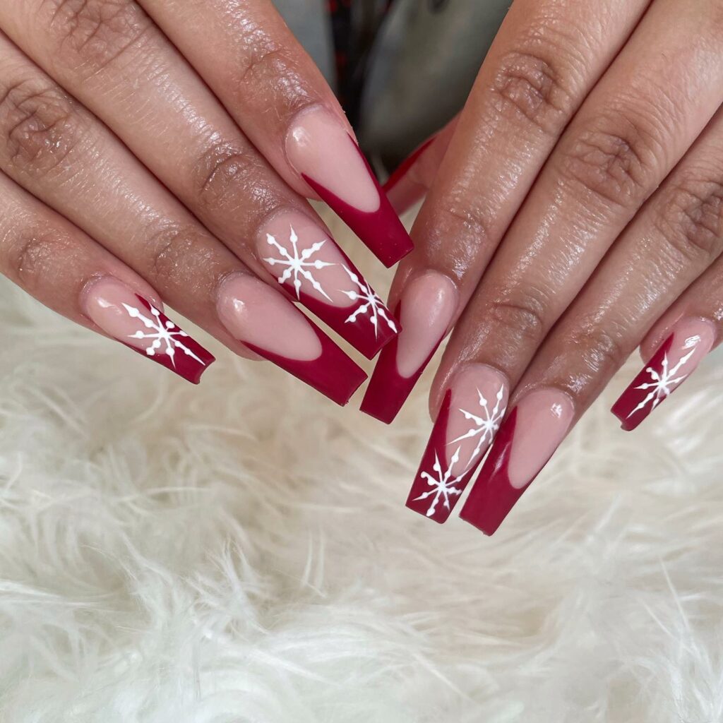 Snowflake Embellishments on Red Christmas Nails
