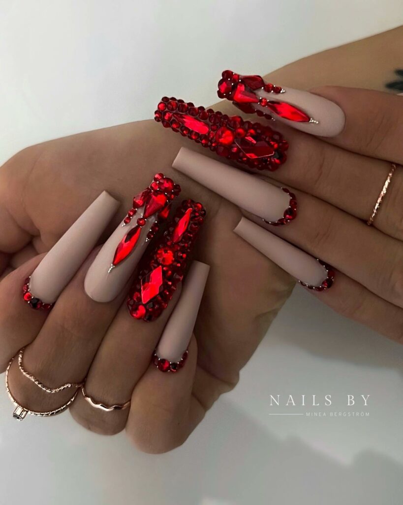 Red Crystal Glamour on Matte Pink Nails