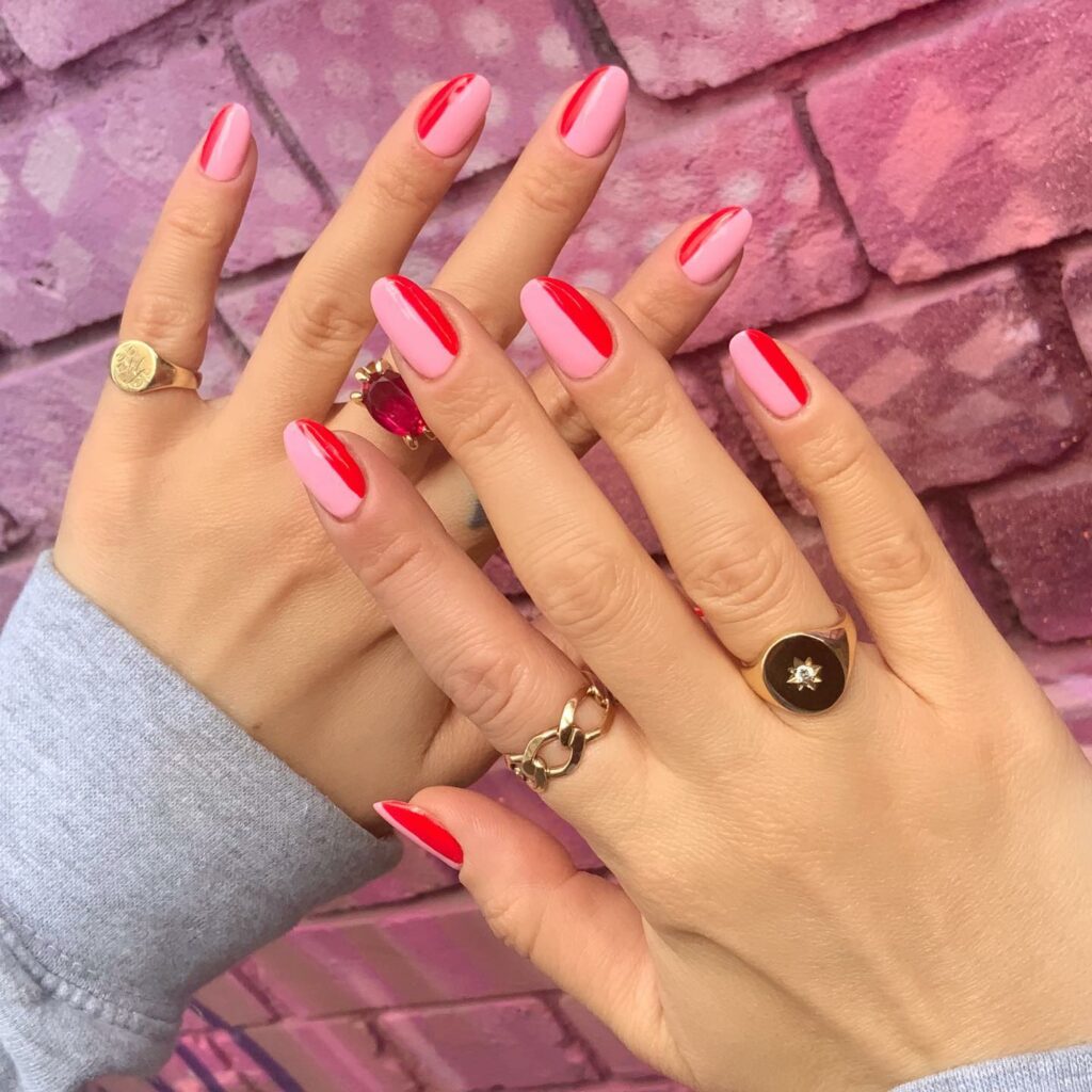 Round Red And Pink Nails for a Feminine Touch