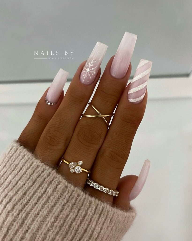 Sheer Pink and White Christmas Coffin Nails