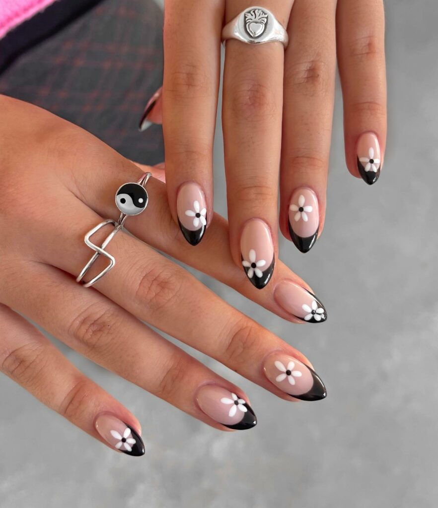 Short Black French Nails with Delicate Daisy Designs