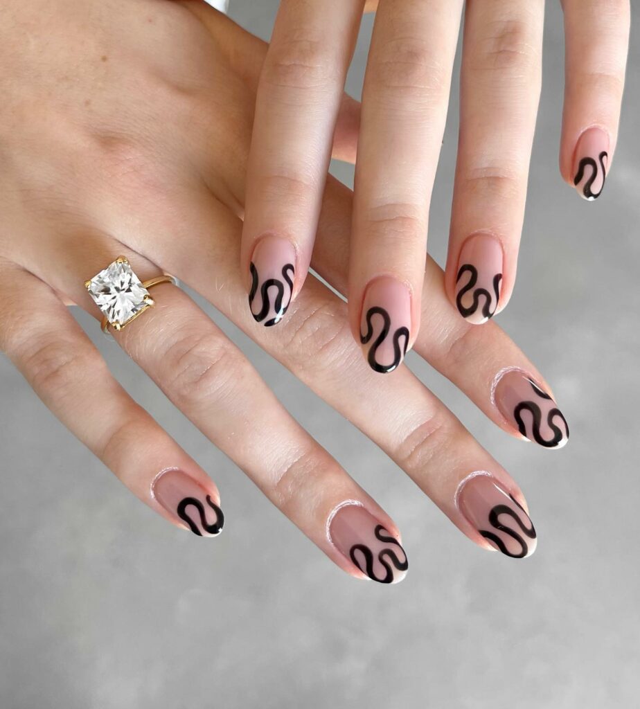 Short Black French Nails with Whimsical Wavy Accents