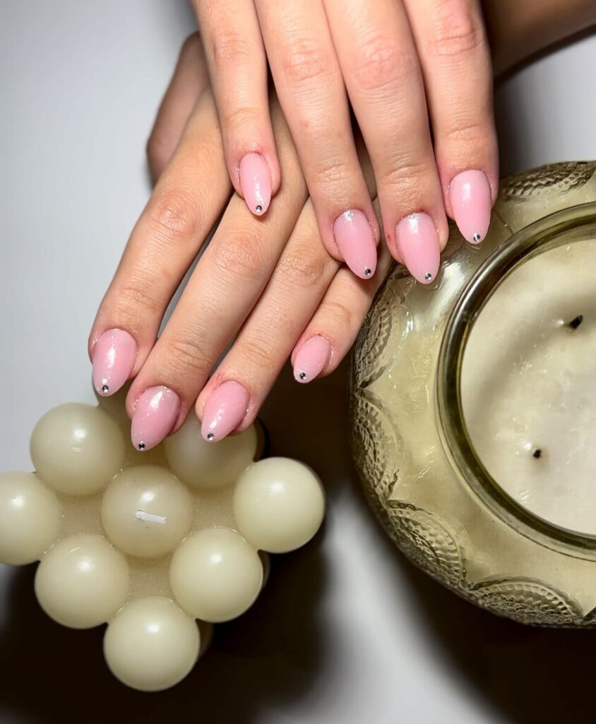 Short Light Pink Nails with Pearls